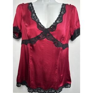 White House Black Market Red w Black Lace Trim Stretch Silk Top Blouse Size 8
